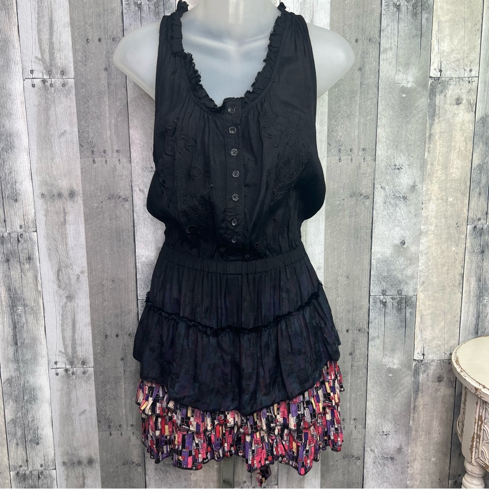DESIGUAL Black Viscose Embroidered Sleeveless Dress Frayed Ruffle Tiered Sz Sm